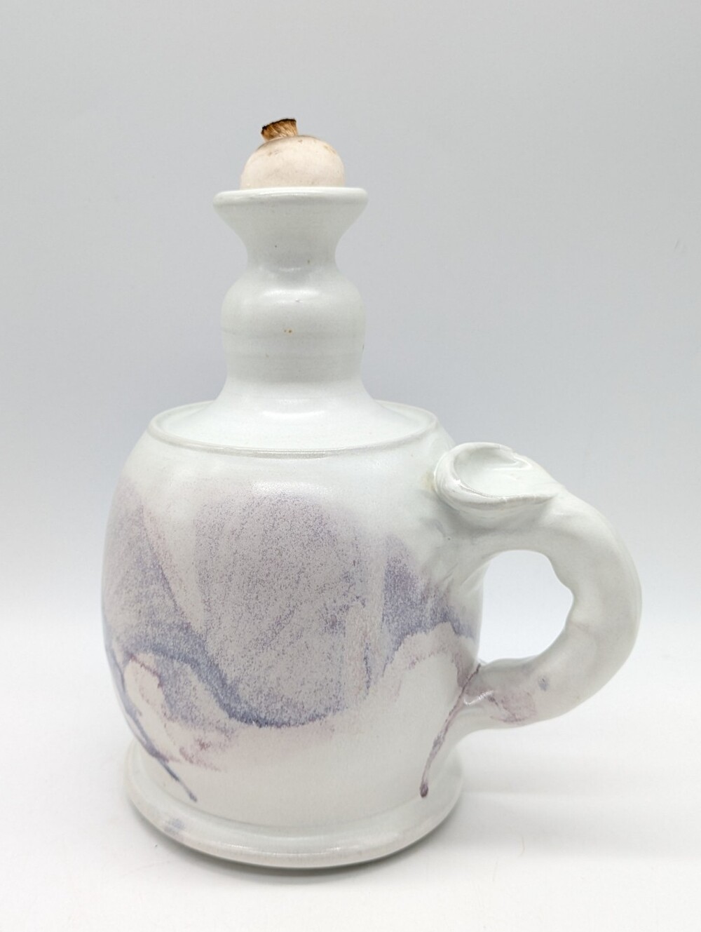Handmade Ceramic White Purple Oil Lamp With Handle & Ceramic Stopper